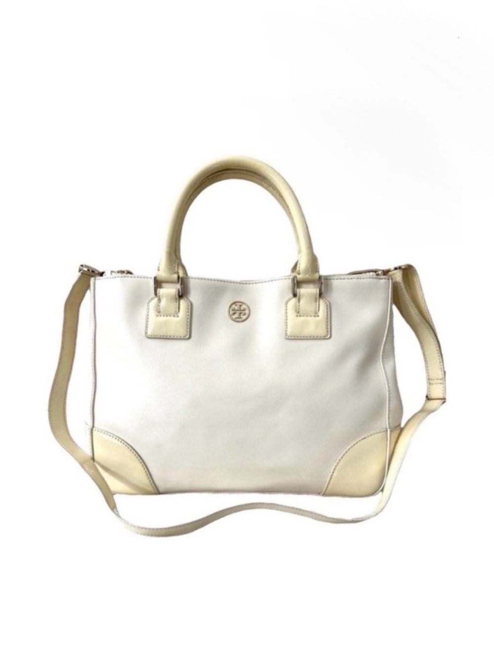 Tory Burch Rare Robinson Double Zip Two Tone Saffiano Lux Leather Patent Leather